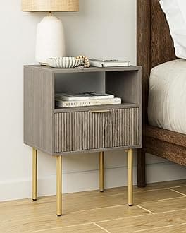 Nightstand,Morden Bedside Table with Gold Frame,Small White Night Stand,End Table,Bedside Furniture,Side Table with Drawer and Shelf for Bedroom,Living Room (1Drawer, Grey)