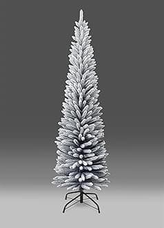 8Ft/2.4m Slim Christmas Tree Artificial Snow Flocked Frosted Pencil Tree 828 Pointed Tips, Metal Stand, Holiday Home Decorations