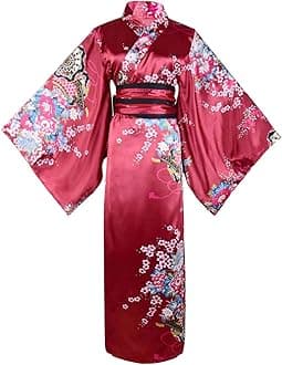 Women's Floral Print Traditional Japanese Kimono Goldfish Obi Belt Blossom Robe Costume Set
