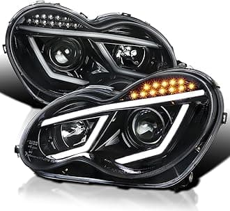 Jet Black LED Bar Projector Headlights Compatible with 2001-2007 Mercedes-Benz W203 C-Class Sedan, Left + Right Pair Headlamps Assembly