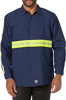 Red Kap Men's Enhanced Visibility Industrial Work Shirt, Navy with Yellow/Green Visibility Trim, Medium