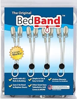 Bed Band- White. Original Bed Sheet Holder Straps (1 Pack) - USA Company- Sheet Grippers Suspenders with Smart Cordlock Button - Adjustable Fitted Sheet Holders with Bedsheet Clips - Corner Fasteners.