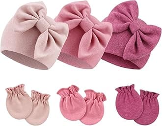 Newborn Baby Bow Hats and Mittens Hospital Hat Beanie Infant Caps Baby Cotton No Scratch Mittens Set for 0-6 Months