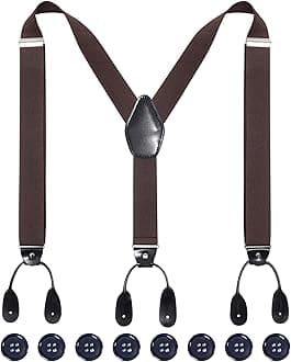 Mens Adjustable Button End Suspenders - Y-Back Elastic Tuxedo Suspenders with Heavy Duty Leather Buttons End (Coffee)