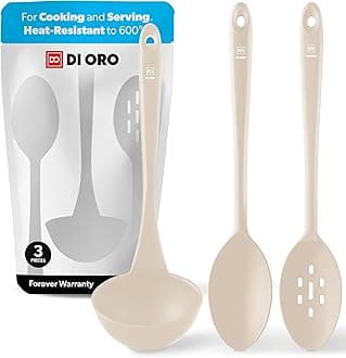 DI ORO Silicone Ladle & Spoons for Cooking – Large Kitchen Spoons for Mixing, Serving, & Stirring - Soup Ladle with Wide Bowl - High Heat Silicone Kitchen Utensils for Nonstick Cookware Safe (Clay)