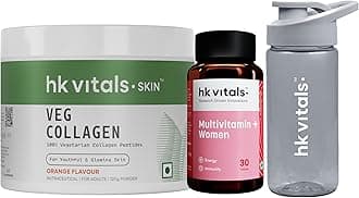 hk vitals Multivitamin Plus Women (30 Tablets) with Veg Collagen Supplement (Orange, 120g) & Sipper Bottle | Daily Multivitamin for Women | For Energy, Joints, Skin & Hair