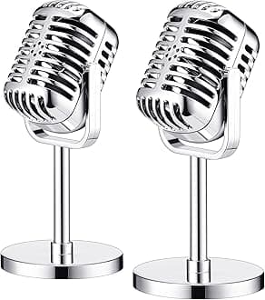 Chivao 2 Pack Retro Microphone Props Model Vintage Stage Table Decor Plastic Fake Microphone Antique Decor Stand Costume Prop for Party Toy(Bright Silver,Classic)