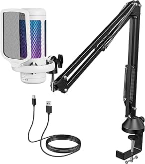 TONORGaming Microphone Arm Set, RGB Condenser Mic with Boom Arm, Quick Mute, Adjustable RGB Brightness, Pop Filter, Shock Mount, Gain Control for Streaming, Discord Twitch YouTube,TC310+ White