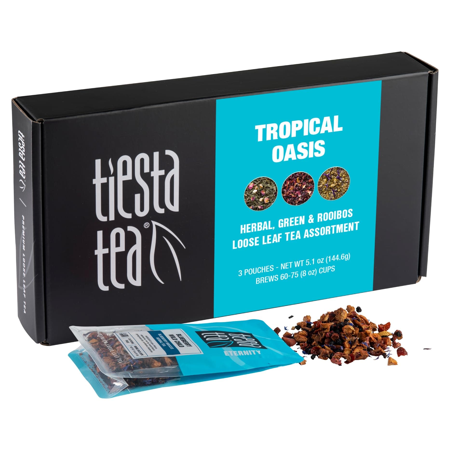Loose Leaf Fruity Tea Gift Box, Medium Caffeinated Assorted Blends, 3 Pouches for Hot & Iced Tea Variety Pack, Fruity Paradise, Blueberry Wild Child & Fireberry