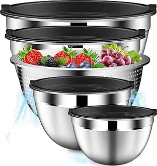 DUTZUN Mixing Bowls with Lids Set, Stainless Steel Mixing Bowls with Colander, Strainer with Mixing Bowl Set, Serving Bowl Kitchen Gift, Size 4.5, 2.5, 2, 1.5QT - Black