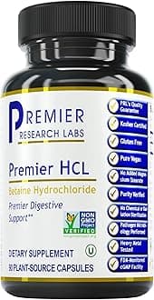 Premier Research Labs HCL - Betaine Hydrochloride Acid Supplement - Supports Digestion - Vegan, Gluten-Free, Kosher - 90 Plant-Source Capsules (Pack of 1)