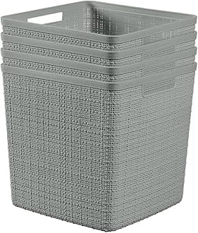 Curver Jute Decorative Plastic Organization and Storage Basket Perfect Bins for Home Office, Closet Shelves, Kitchen Pantry and All Bedroom Essentials, Large Cube, Grey, Set of 4
