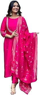 GoSriKiWomen's Silk Blend Straight Embroidered Kurta with Pant & Dupatta