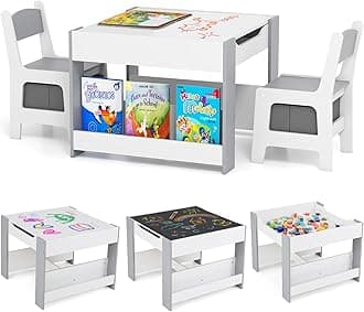 Kids Table and Chairs, 4 in 1 Wooden Activity Desk Set w/Reversible Tabletop, Bookshelves & Storage Drawers for Drawing, Reading, Crafts, Playing, Toddler Table and Chair Set (Gray)