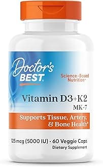 Doctor's Best Vitamin D3 + K2 (Vitamin K2 as MK-7), Supports Bone, Tissue, & Arterial Health, Calcium Absorption • Non-GMO • Gluten Free • Vegetarian, 5000 IU, 60 Veggie Caps