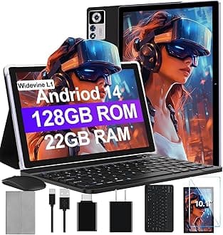 2024 Newest Android 14 Tablet 22GB RAM 128GB ROM 1TB Expand, 10.1 inch 8000mAh Octa-Core Tablet with Keyboard & Mouse, HD IPS Display, 5G Wi-Fi, Bluetooth, GPS, Widevine L1, Split Screen -Metal Black