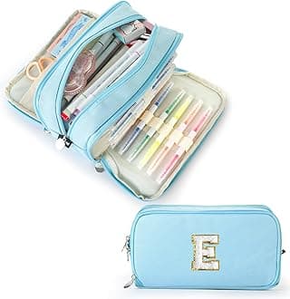 Extra Large Capacity Pencil Case 3 Compartment Initial Pencil Pouch Personalized Cute Aesthetic Stationery Pen Case Bag for School Teen Girl Boy Men Women Gift (E, Blue)