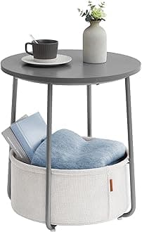 VASAGLE LILEA Collection - Small Round Side End Table, Modern Nightstand with Fabric Basket, Cement Gray and Cream White ULET223G49