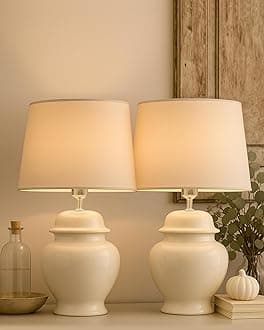 Homesake ® Ceramic Pot Shaped Base White Led Table Lamp Classic Desk Lamp For Living Room Bedroom, Farmhouse Nightstand Lamps Round, With Shade, (Khadi_ Pack Of 2)