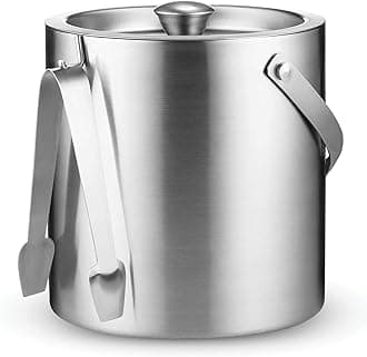 FineDine Double-Wall Stainless Steel Insulated Ice Bucket with Lid & Ice Tong [3 Liter] Included Strainer Keeps Ice Cold & Dry, Carry Leather Handle, Home Bar, Chilling Beer, Champagne, Wine Bottle