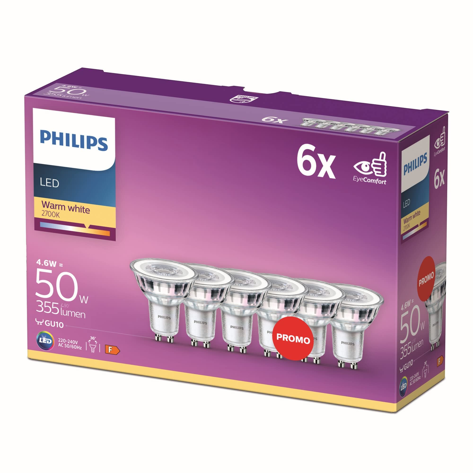 Philips LED Classic Light Bulb 6 Pack [GU10 Spot] 4.6 W - 50 W Equivalent, Warm White (2700K), Non Dimmable, Standard Range