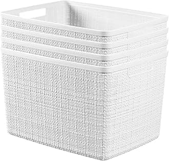 Curver Set of 4 Jute Large Decorative Plastic Organization and Storage Baskets Perfect Bins for Home Office, Closet Shelves, Kitchen Pantry and All Bedroom Essentials, White, 4