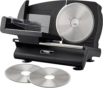 Cooks Professional Electric Food Slicer | Home Use Deli Slicing Machine for Bread, Meat, Cheese, Veg | 3 Interchangeable 19cm Blades, Adjustable Thickness, Plastic Pusher Blade Guard, Non-Slip Feet |