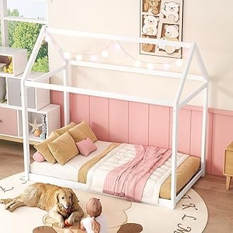 Bellemave Twin House Bed for Kids, Pine Wood House Floor Bed, Montessori beds for Kids, White （Pine Wood）