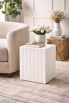 Tiled Cube Accent Bedside Table Coffee Stand Home Storage Organizer For Living Room Bedroom (White, Engineered Wood)