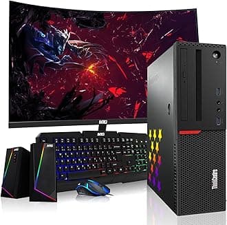 Lenovo Desktop PC Gaming Bundle - Intel Core i7, 16GB RAM, 512GB SSD, 24-inch Curved Monitor, GT 1030 2GB, RGB Speaker, RGB Keyboard Mouse, WiFi, Win 10 Pro (Renewed)