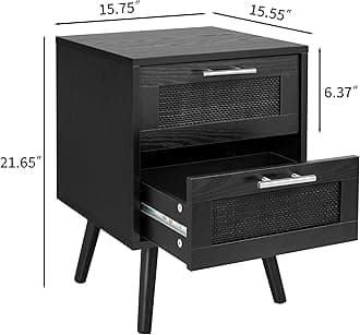 Finnhomy Nightstand, End Table, Side Table with 2 Hand Made Rattan Decorated Drawers, Wood Accent Table with Storage for Bedroom, Full Black