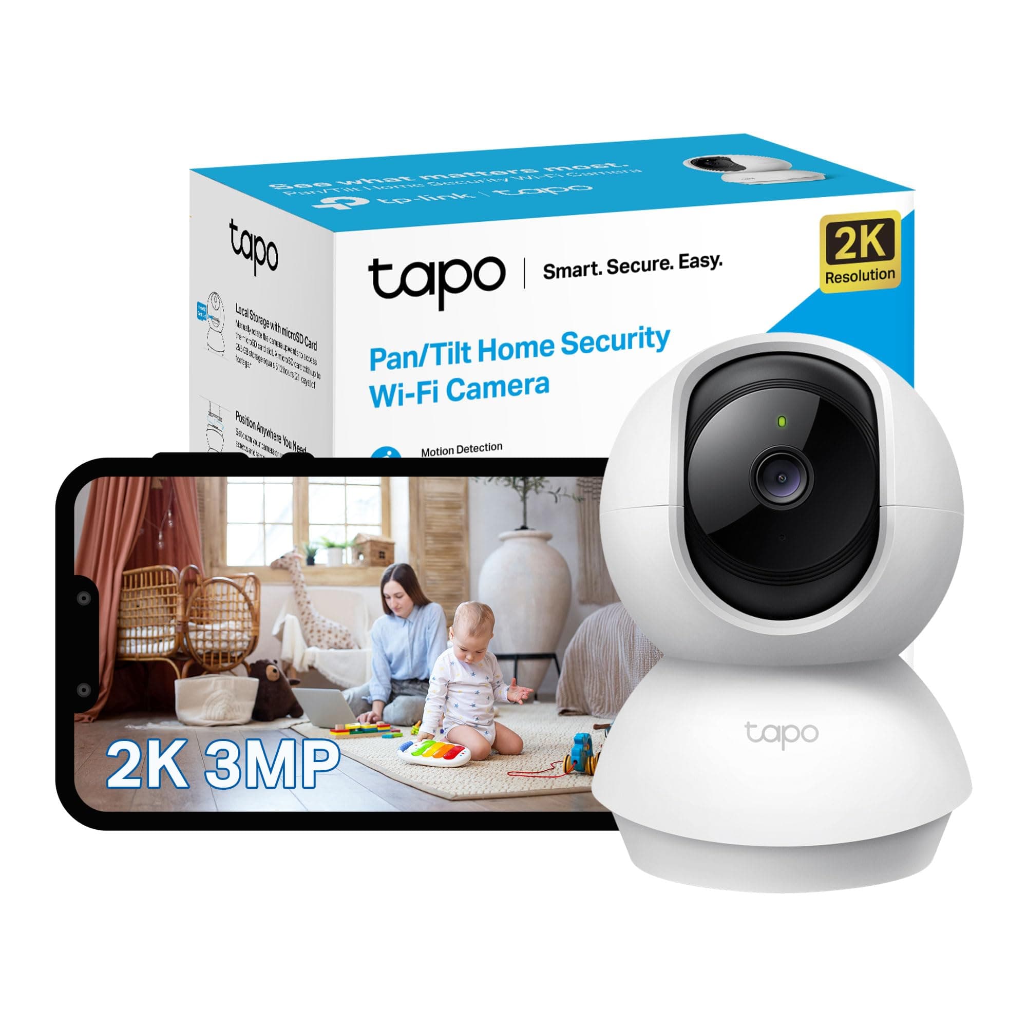– Tapo TP-Link Pan/Tilt Smart Security Camera, Indoor CCTV, 360° Rotational Views, Works with Alexa&Google Home, No Hub Required, 3MP(2304 × 1296) High Definition, Night Vision, SD Storage(C210)