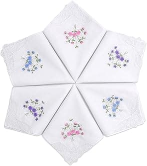 SelectedHanky Women's Cotton Handkerchiefs Flower Embroidered with Lace, Ladies Hankies 6 Pcs - Box Pack