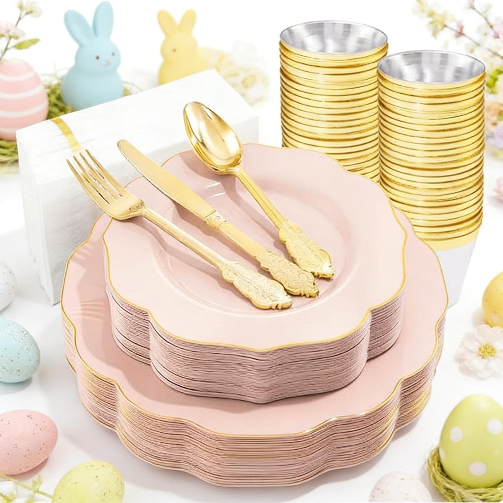 175PCS Pink Plates with Gold Disposable Silverware - Include 50 Pink Plastic Plates,25 Knives,25 Forks,25 Spoons,25 Cups and 25 Napkins - Ideal for Party/Wedding/Easter Day