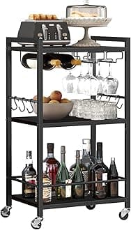 TUTOTAK Bar Cart, Home Bar Serving Cart, Microwave Cart, Drink Cart, Mobile Kitchen Shelf with Wine Rack and Glass Holder, Rolling Beverage Cart Living Room, Kitchen, Black BC01BK032
