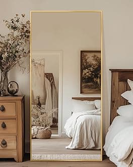 Antok Full Length Mirror, 58"x21" Floor Mirror with Stand, Hanging Mounted Mirrors for Bedroom, Living Room, Cloakroom, Dining Room, Gold, Rect