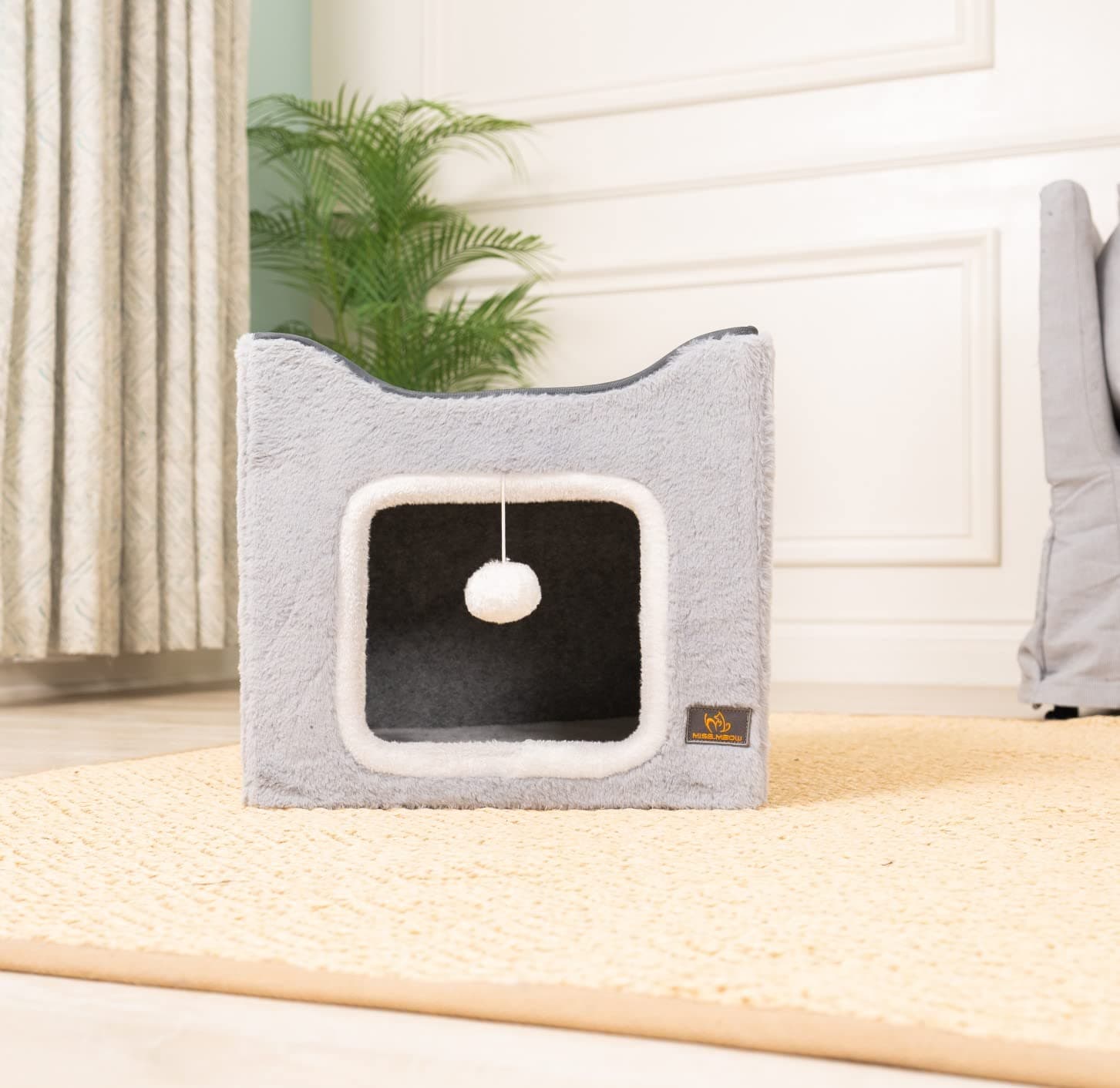 Cat Bed for Indoor Cats,Medium Large Cats Cave Bed,Machine Washable Slip Resistant Bottom,Ultra Soft Plush Cushion (Gray Fleece House)