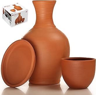 Hakan Terracotta 76 oz Earthen Water Carafe Set with Mug, Traditional Clay Pottery Jug for Drinking Water