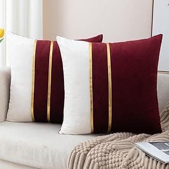 ZLINA Set of 2 Velvet Decorative Throw Pillow Covers Red White Patchwork with Gold Leather Pillow Covers 24 × 24 Inch Cushion Covers Decor Living Room Sofa Bedroom Car