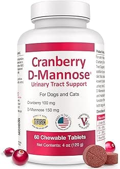 Cranberry D-Mannose Urinary Tract Supplement for Dogs & Cats – Bladder & UTI Health Support – Cranberry Extract, D-Mannose & Vitamin C–Promotes Urinary Wellness & Kidney Function – 60 Chewable Tablets