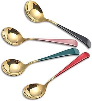 Soup Spoons, Large Soup Spoon Stainless Steel, 6" Premium Teaspoons, Coffee Spoons, Tea Spoons, Dessert Spoons, SUS304, Set of 4 (Round, Gold)