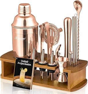 Cocktail Shaker Set Bartender Kit with Stand - Drink Mixer Bar Set with All Essential Bar Accessory Tools - Martini Shaker Jigger Strainer Mixer Spoon Muddler Liquor Pourers - Rose Gold