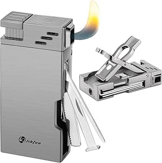 Pipe Lighter with Pipes Stand, Refillable Butane Lighters with Stainless Steels 3 Pipe Tools Cleaner, 5 in 1 Soft Flame Lighter, Portable Pipe Lighters for Outdoor Indoor with Gift Box