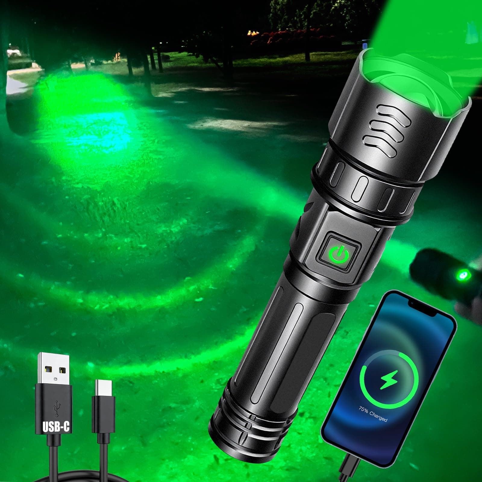 USB-C Rechargeable Green Flashlight Zoomable 1000 Yard Pressure Switch Scope Rail Mount Hogs Predators Night Hunting