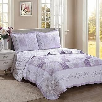100% Cotton Hand Pieced Real Patchwork Floral Scalloped Edge Country Quilt Bedding Set, Reversible Coverlet Bedspread for All Seasons (Love of Lavender, Queen - 3 Piece)