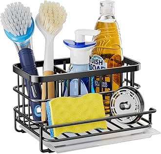 HapiRm Kitchen Sink Organizer with Drain Tray, Waterproof and Rustproof Stainless Steel Dish Brush /Sponge Holder - Black