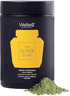 - WelleCo The Super Elixir Daily Greens Powder, Probiotic Drink Mix with Whole Foods, Gluten Free, Vegan Gut Health Powder, Energy, Immunity, Healthy Skin, Hair & Nails (300g, Lemon Ginger)