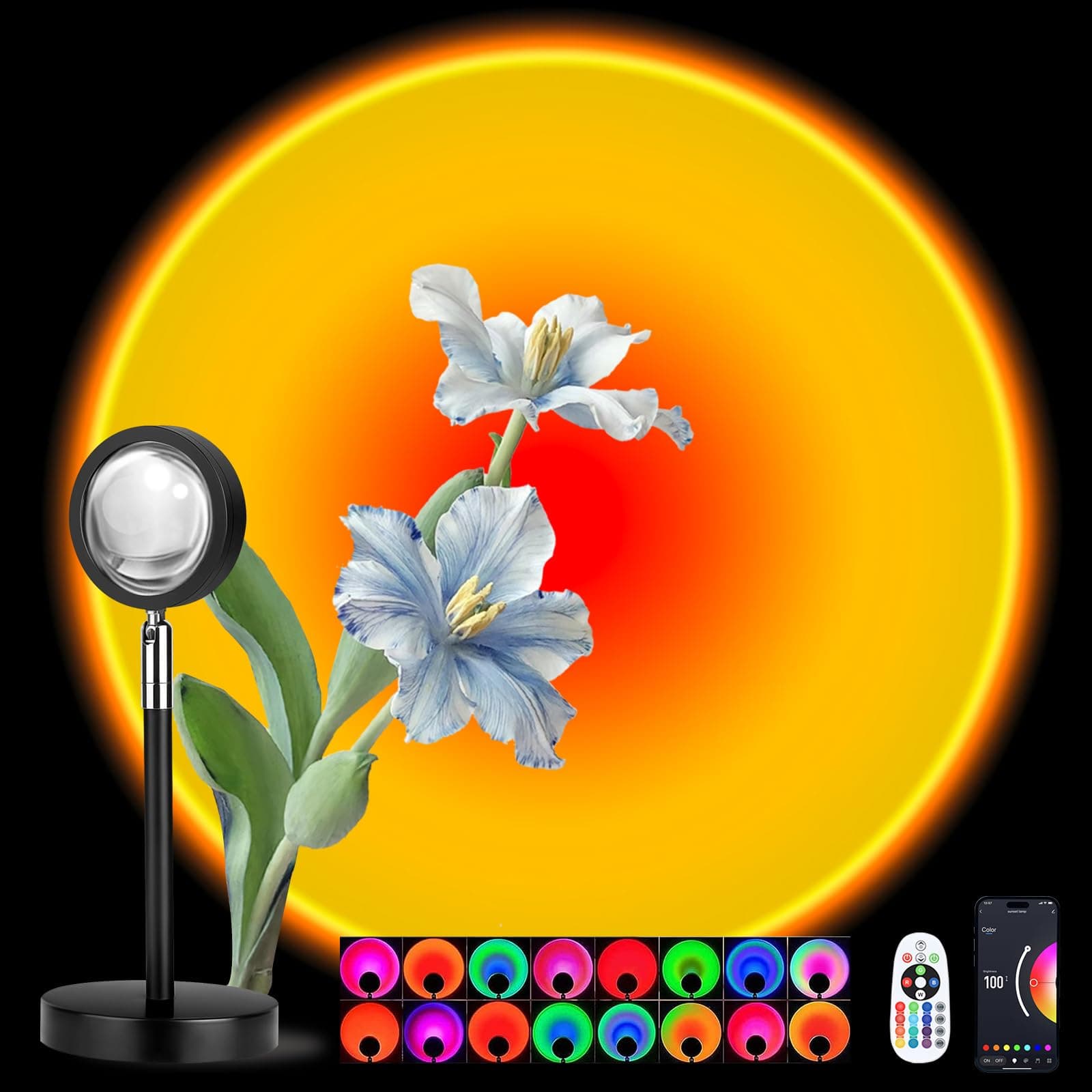 Sunset Lamp Projector Multi-Color Multi-Mode, Dimmable, Timing, Music Rhythm, Sunset Background Wonderful Visual Impact, USB Plug and Play (Remote & APP)