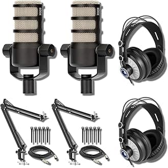 Rode PodMic Dynamic Podcast Microphone (Pair) with StreamEye BOOMARM Mic Arms, Over-Ear Podcast Headphones, XLR Cables and StreamEye Polishing Cloth