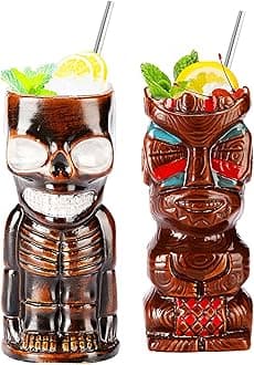 Tiki Mugs, Tiki Glasses Set, Cocktail Mugs, 2 Piece Cocktail Glasses Set, Tiki bar Accessories, Hawaii Party for Premium Tropical Cups Drinks for Exotic Party
